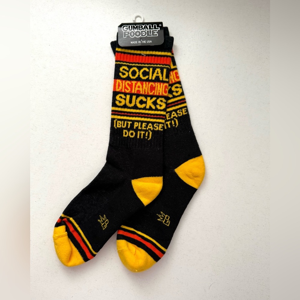 Gumball Poodle Social Distancing Sucks Crew Socks Black Yellow‎ Orange